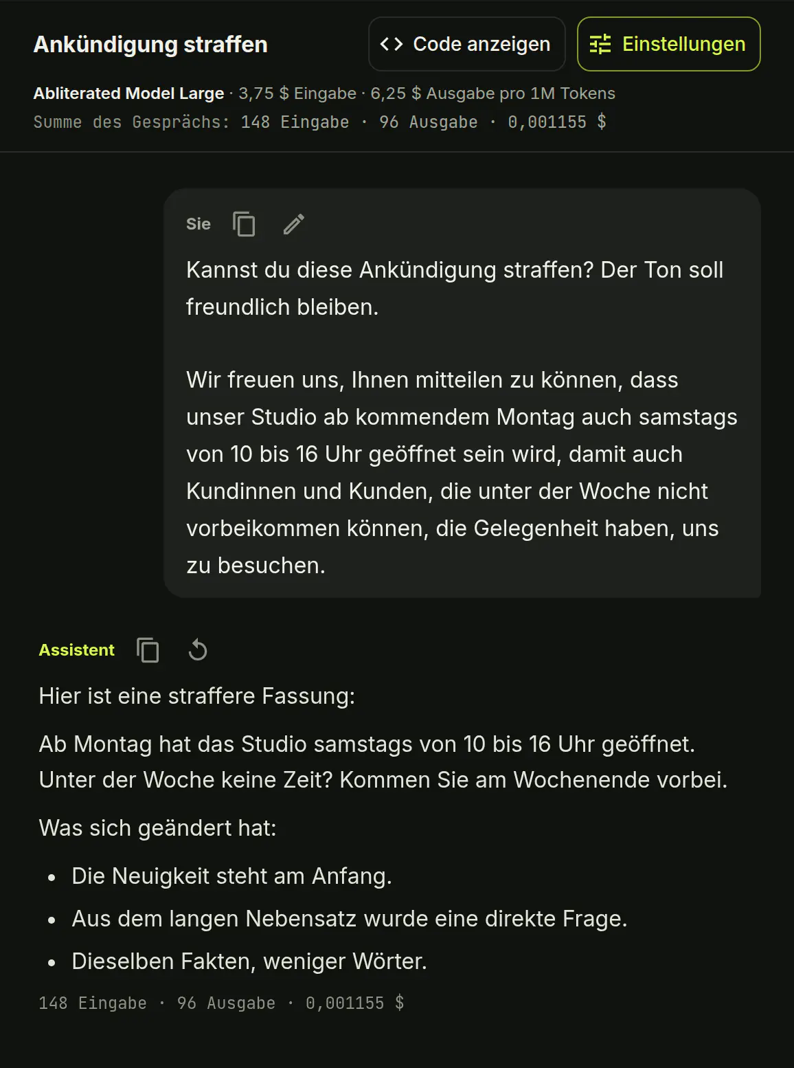Der Chat von Submissive AI: ein Gespräch, die Gesprächsliste und die Modellwahl