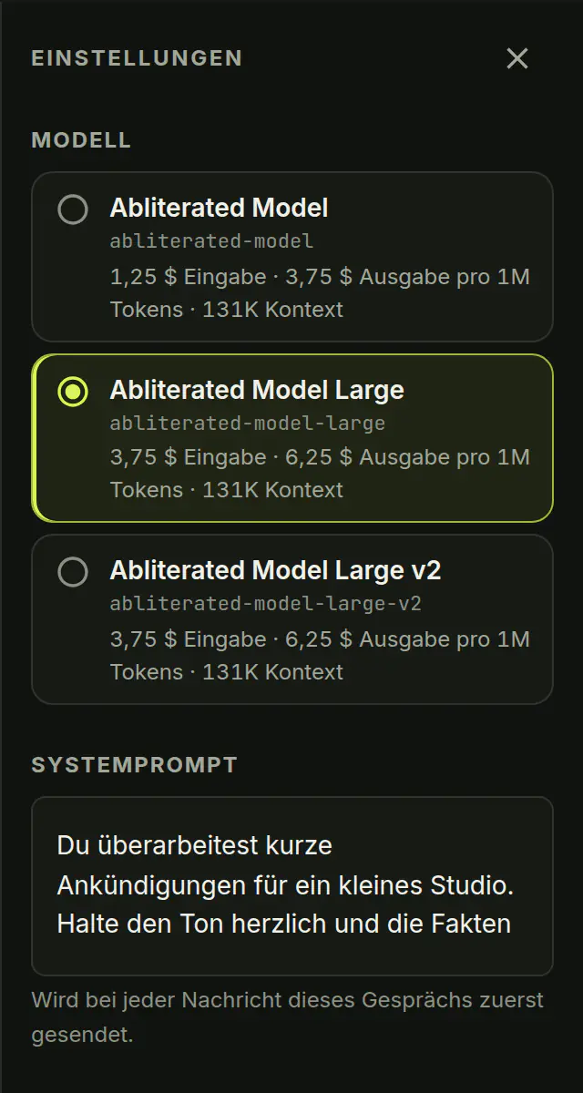 Modellwahl und Systemprompt im Chat von Submissive AI