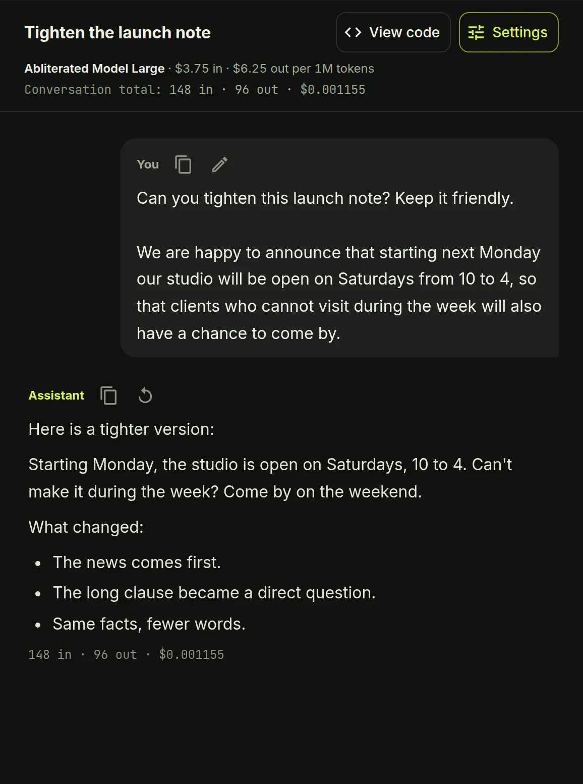 The Submissive AI chat: a conversation, the conversation list and the model choice