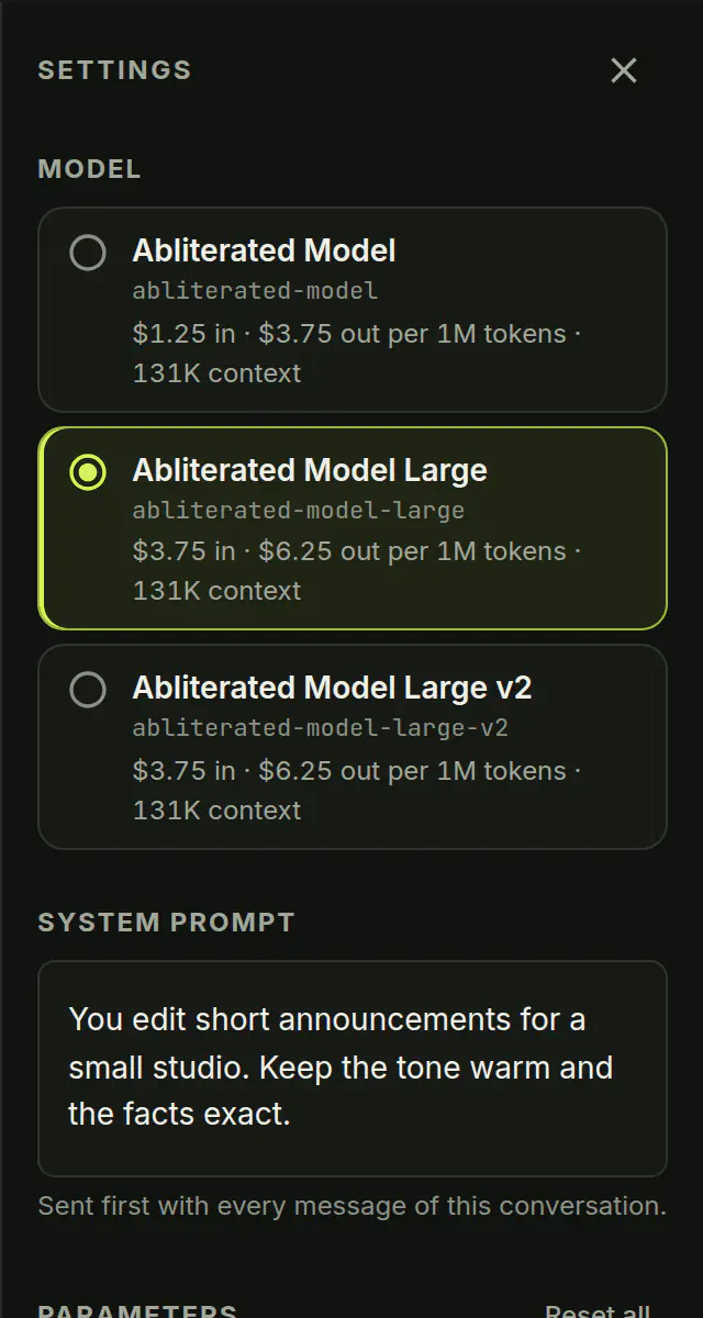 Model choice and system prompt in the Submissive AI chat