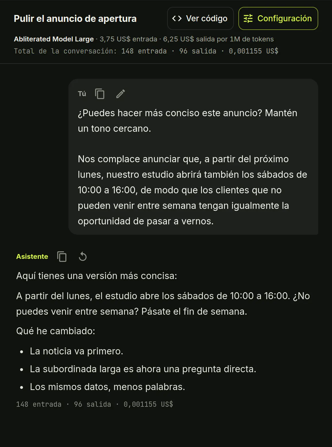 El chat de Submissive AI: una conversación, la lista de conversaciones y la elección de modelo