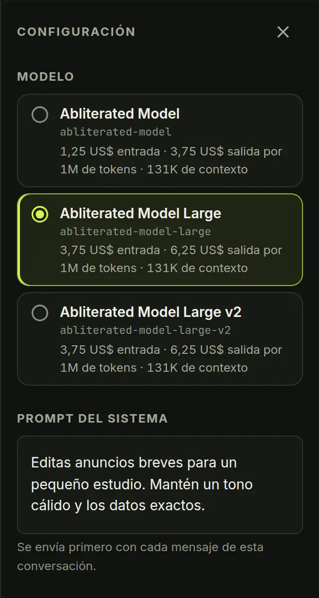 Elección de modelo y prompt de sistema en el chat de Submissive AI