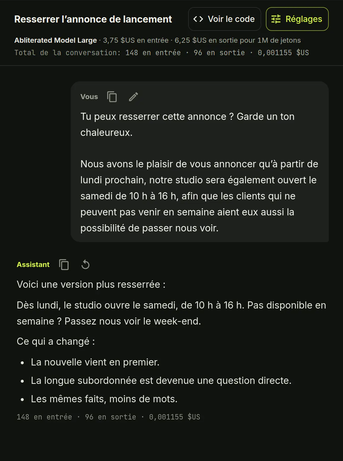 Le chat de Submissive AI : une conversation, la liste des conversations et le choix du modèle