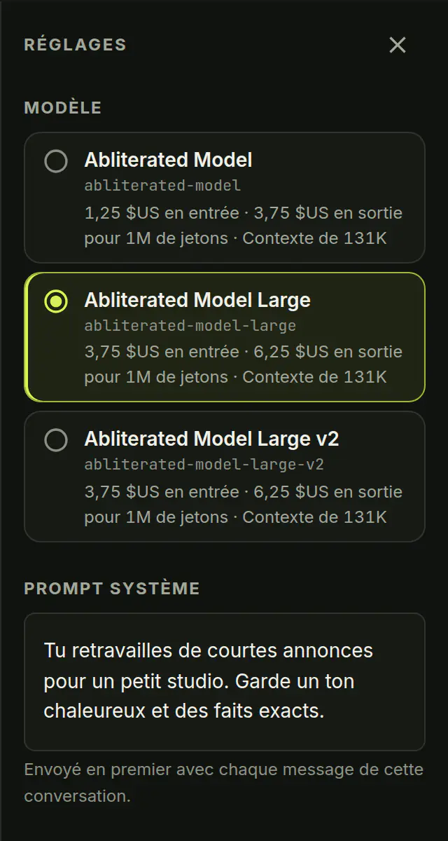 Le choix du modèle et le prompt système dans le chat de Submissive AI