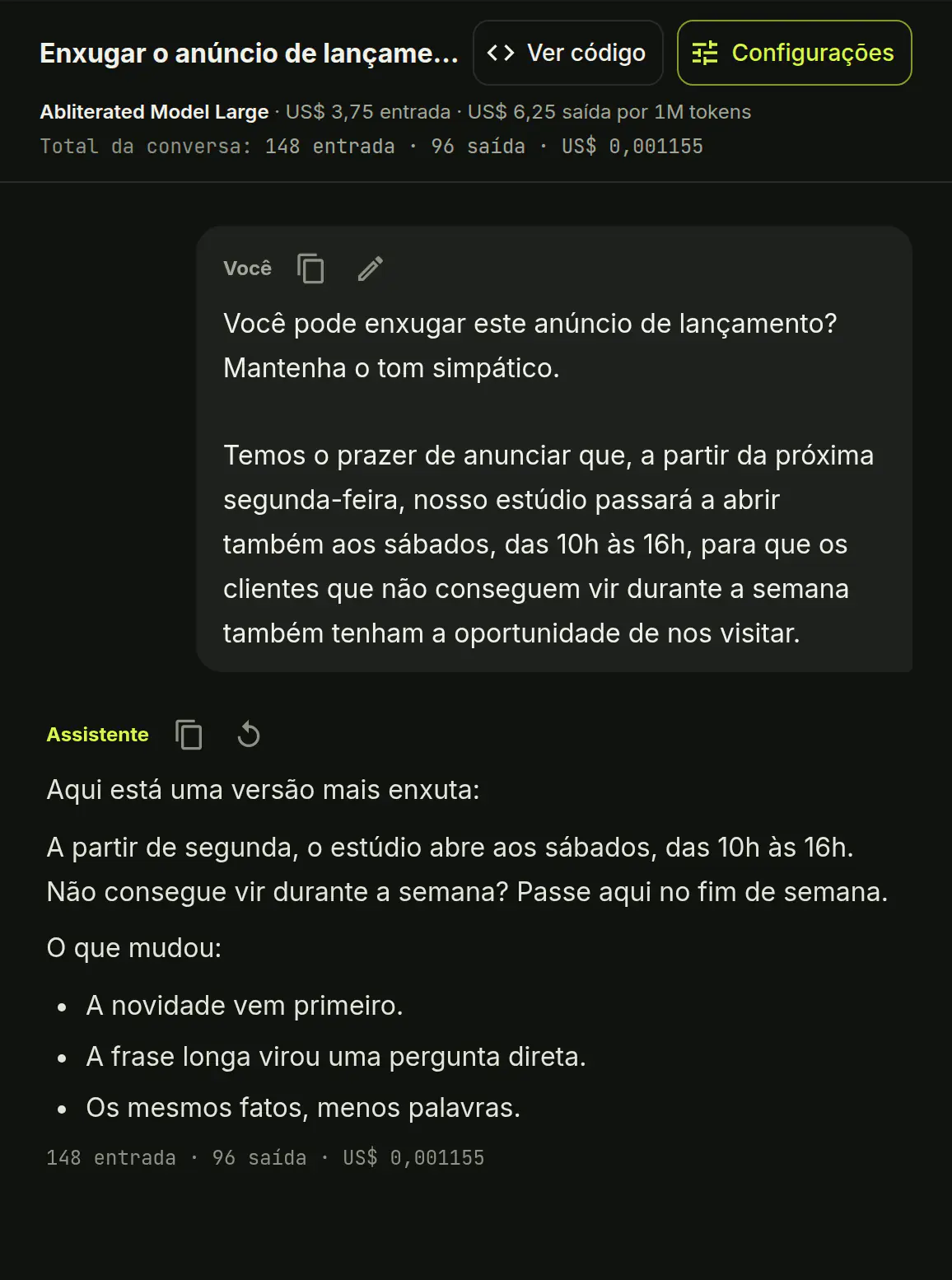 O chat do Submissive AI: uma conversa, a lista de conversas e a escolha de modelo