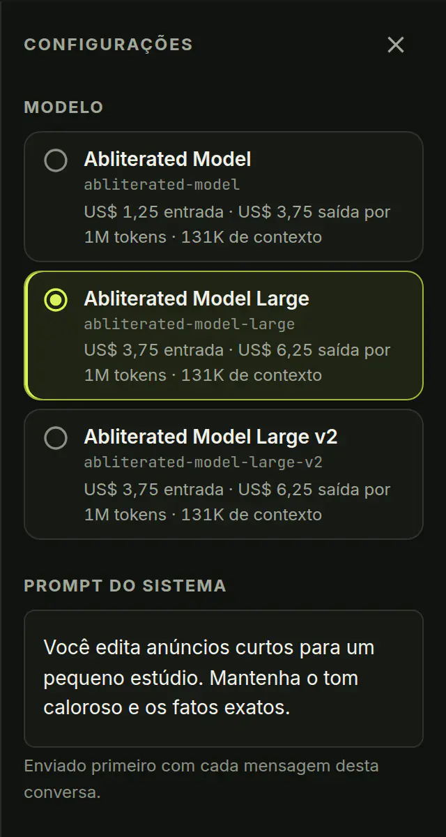Escolha de modelo e prompt de sistema no chat do Submissive AI